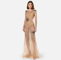 Abito red carpet in tulle stretch ricamato con paillettes fireworks