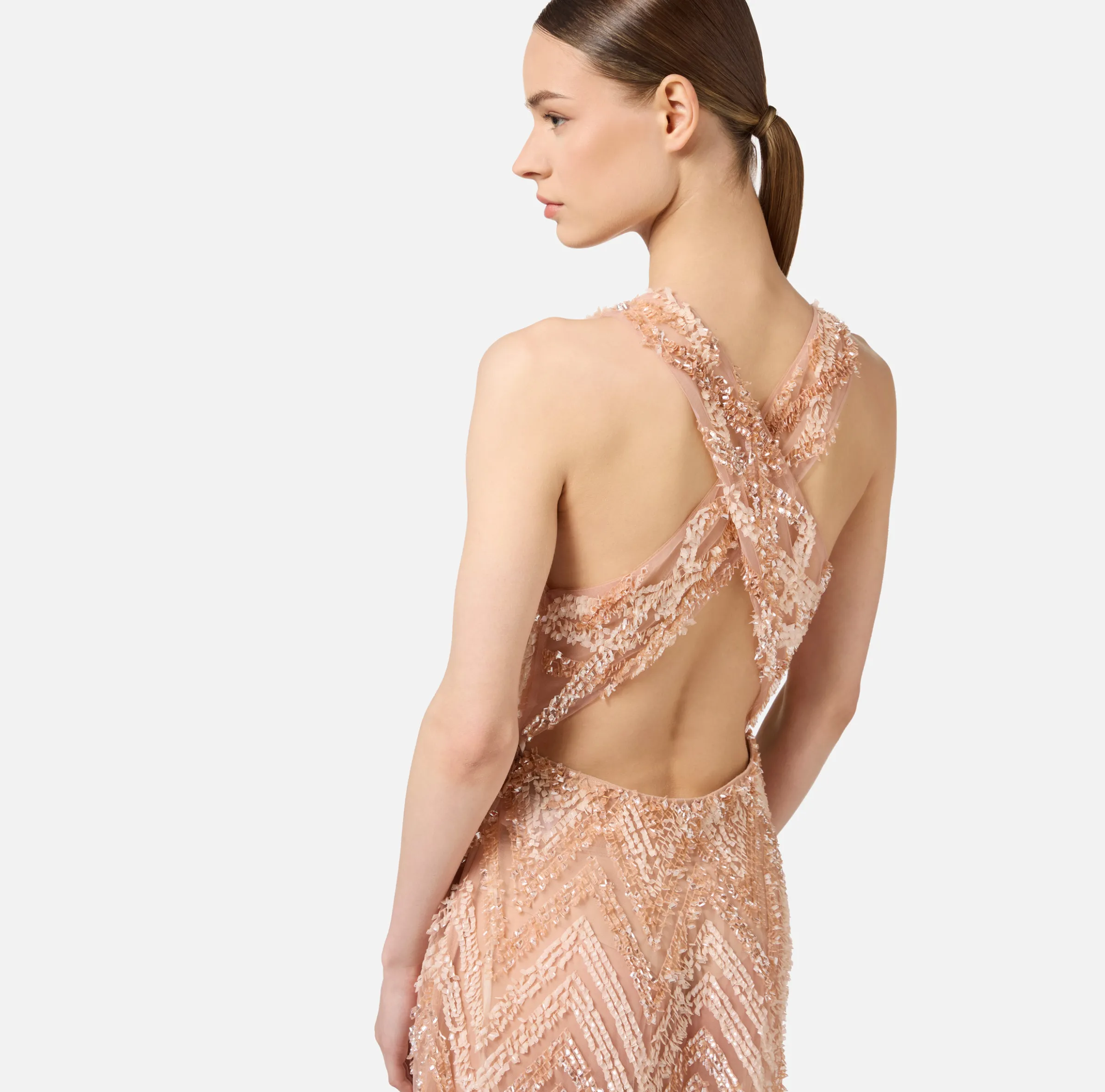 Abito red carpet in tulle con ricamo paillettes chevron