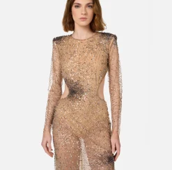Abito red carpet in tulle stretch ricamato con paillettes fireworks