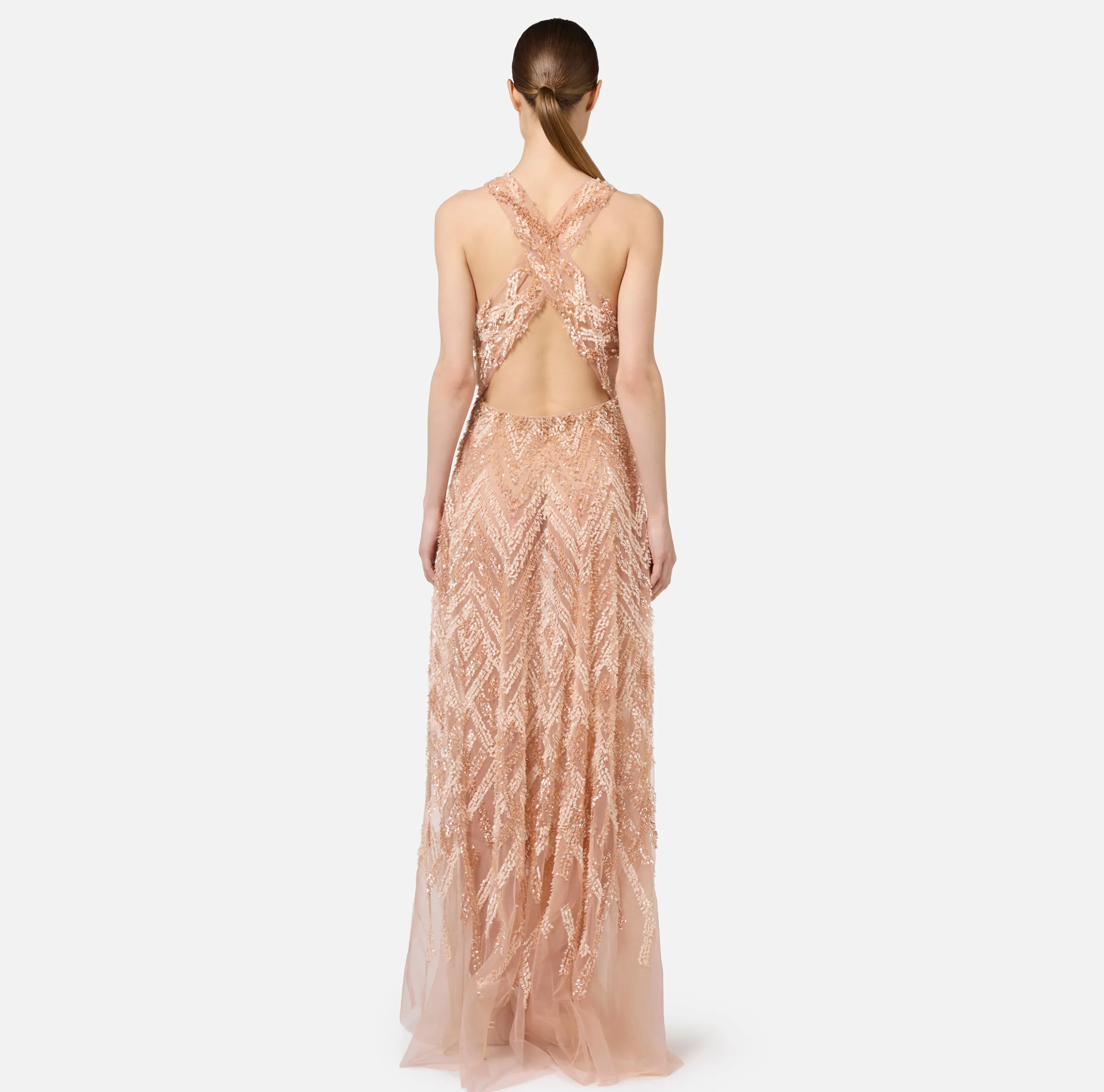 Abito red carpet in tulle con ricamo paillettes chevron