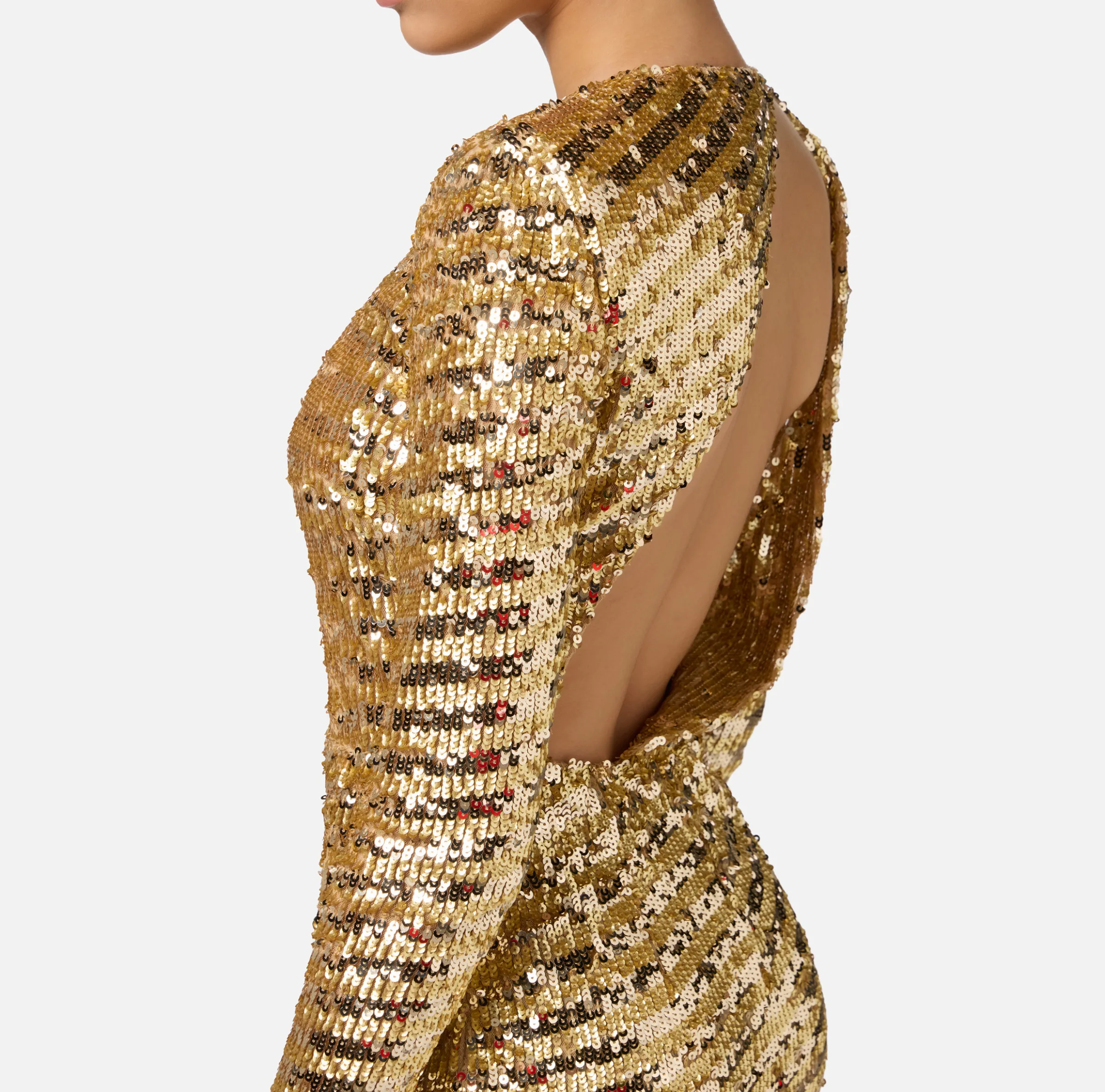 Abito red carpet in tulle ricamato con paillettes con cut-out