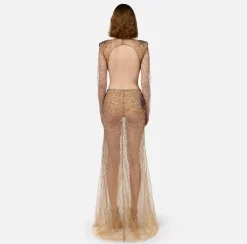 Abito red carpet in tulle stretch ricamato con paillettes fireworks