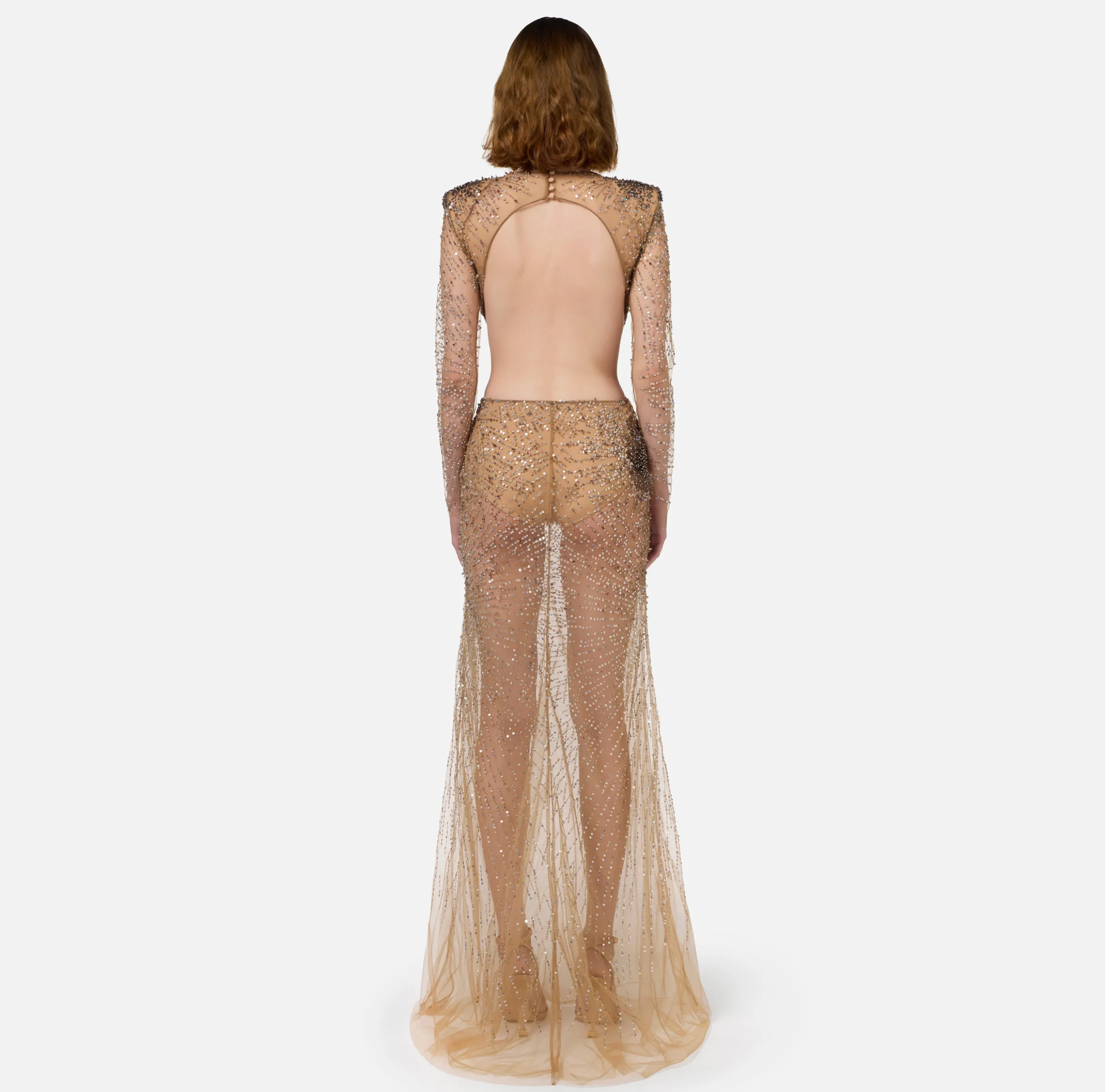Abito red carpet in tulle stretch ricamato con paillettes fireworks