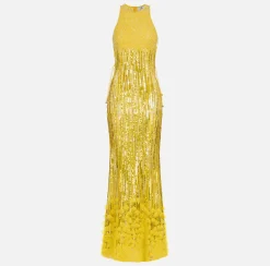 Abito red carpet ricamato con frange d'organza
