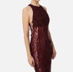 Abito red carpet ricamato con frange d'organza