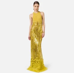 Abito red carpet ricamato con frange d'organza