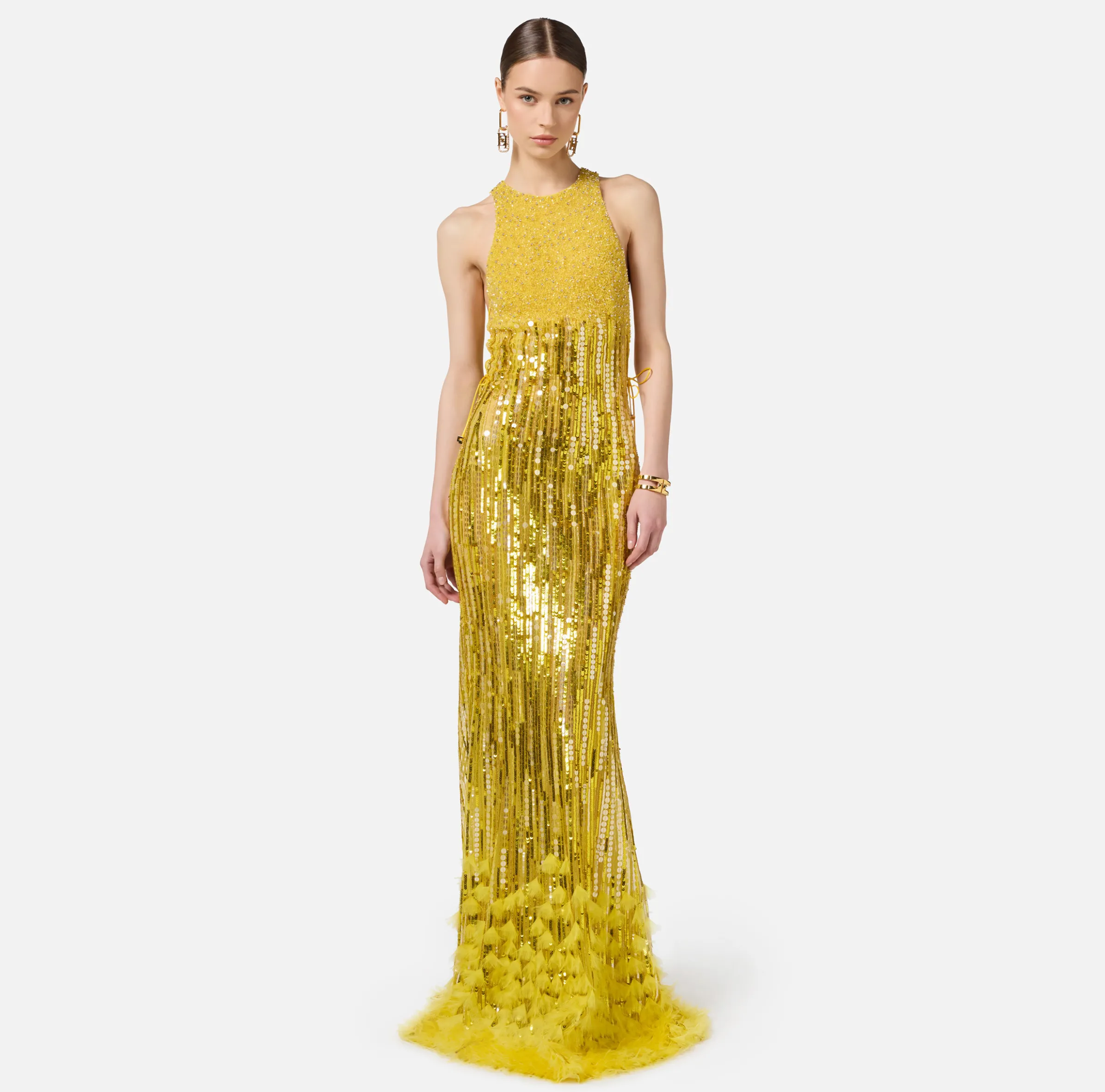 Abito red carpet ricamato con frange d'organza