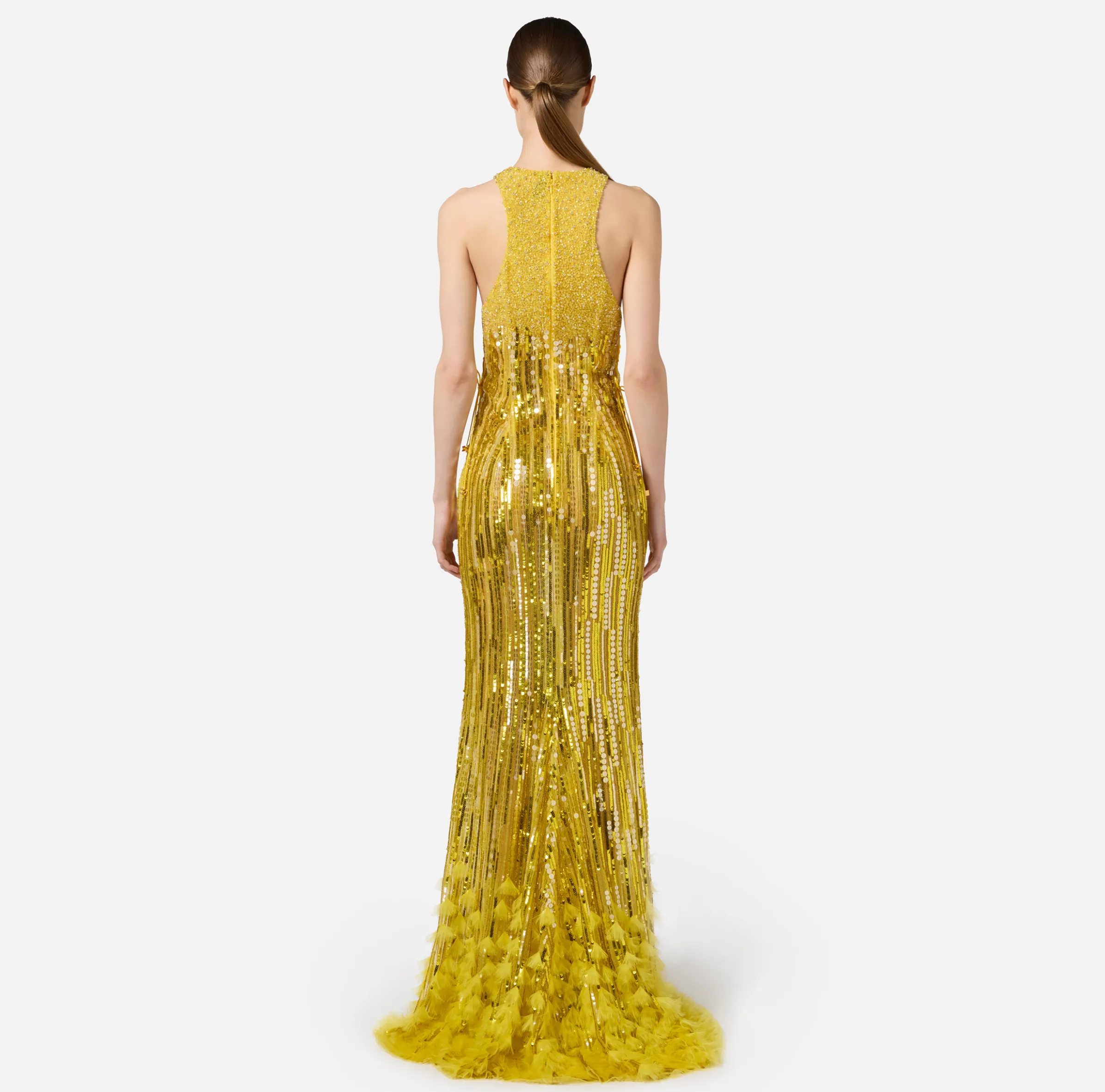 Abito red carpet ricamato con frange d'organza