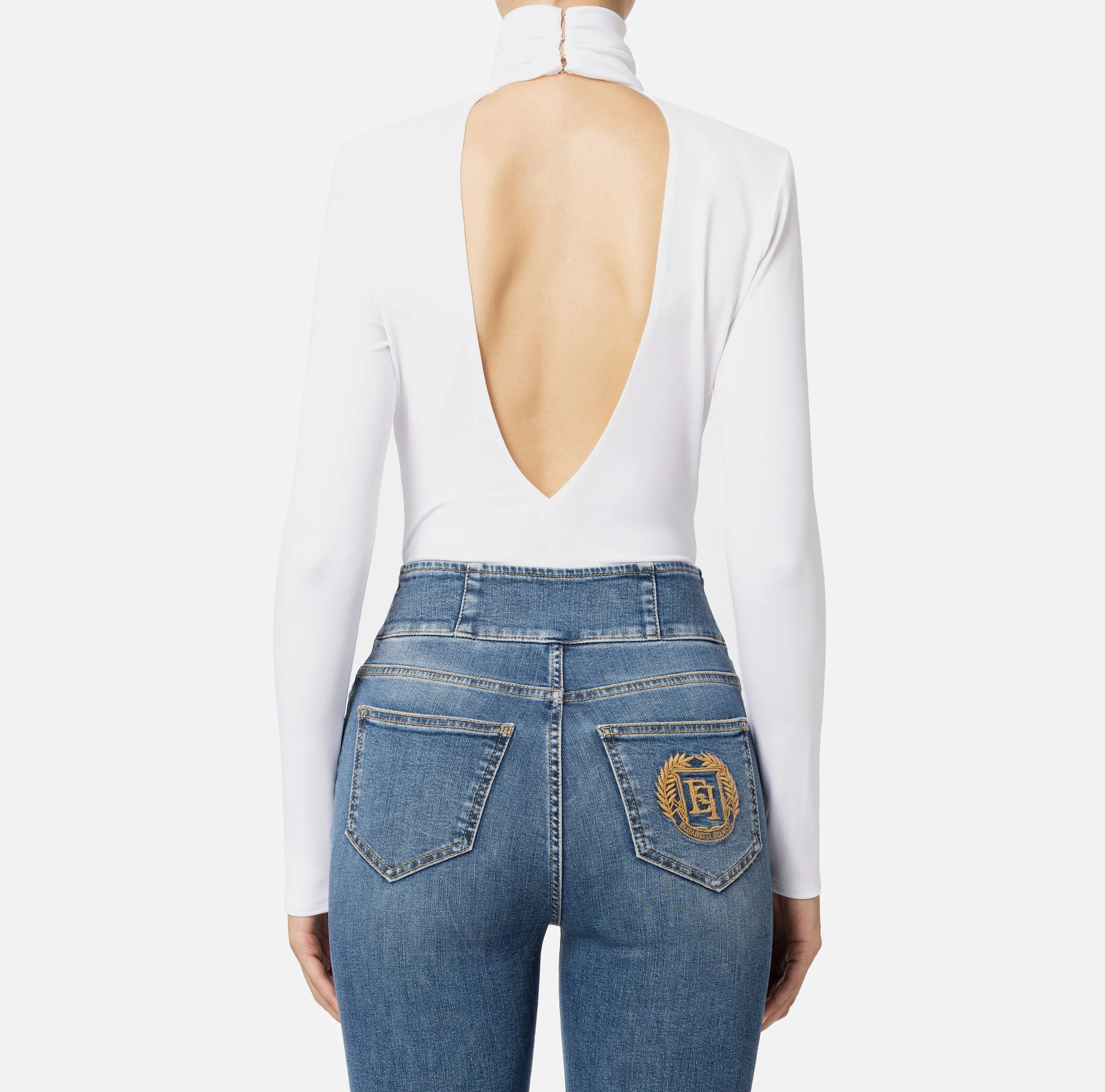 Body in jersey con drappeggio e placca logo