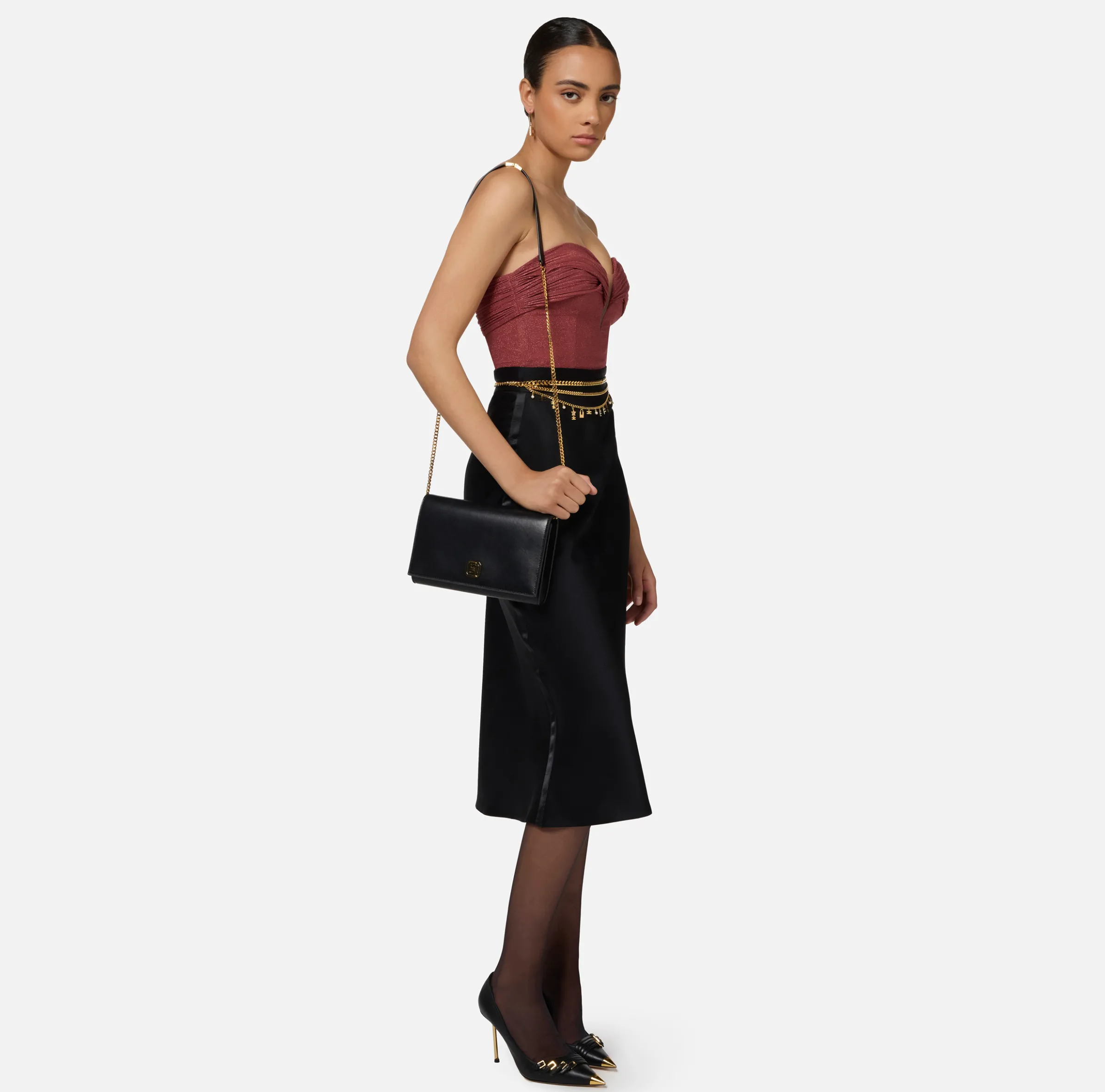 Borsa baguette in nappa con placca logo