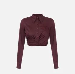 Camicia cropped in popeline stretch con drappeggio