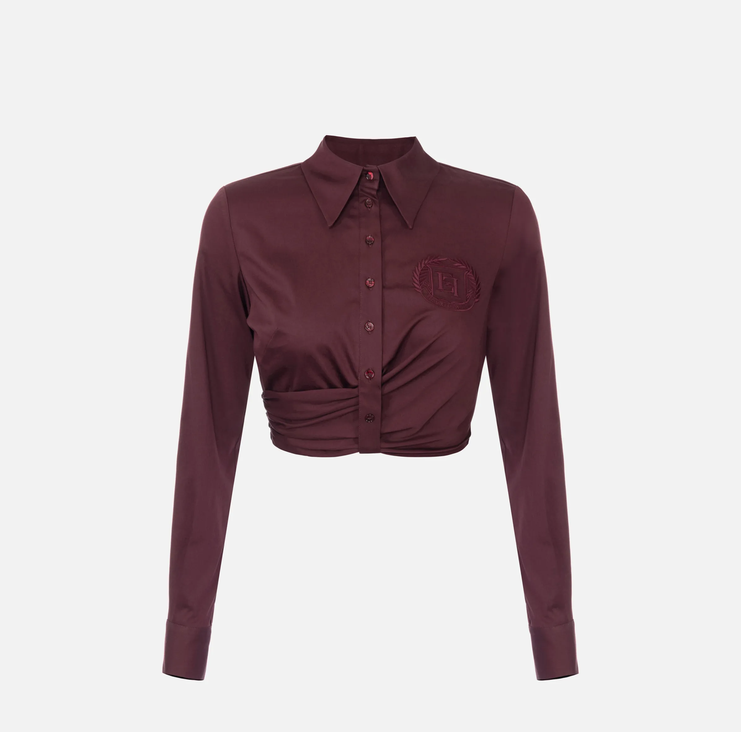 Camicia cropped in popeline stretch con drappeggio
