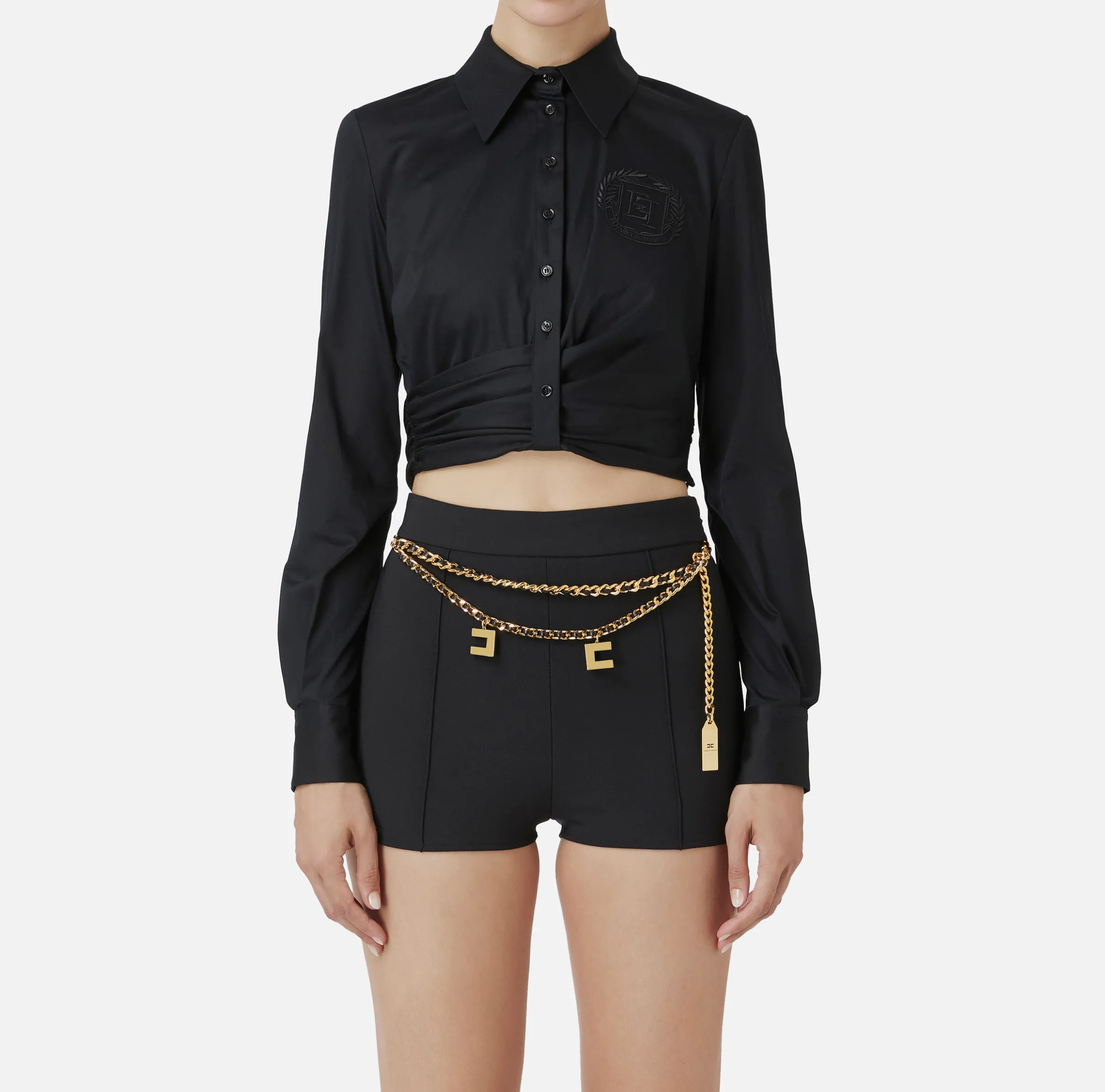 Camicia cropped in popeline stretch con drappeggio