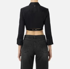 Camicia cropped in popeline con plastron ed elastico logato