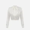 Camicia cropped in raso jacquard con foulard