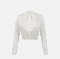 Camicia cropped in raso jacquard con foulard