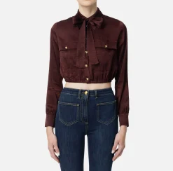 Camicia cropped in raso jacquard con foulard