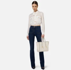 Camicia cropped in raso jacquard con foulard