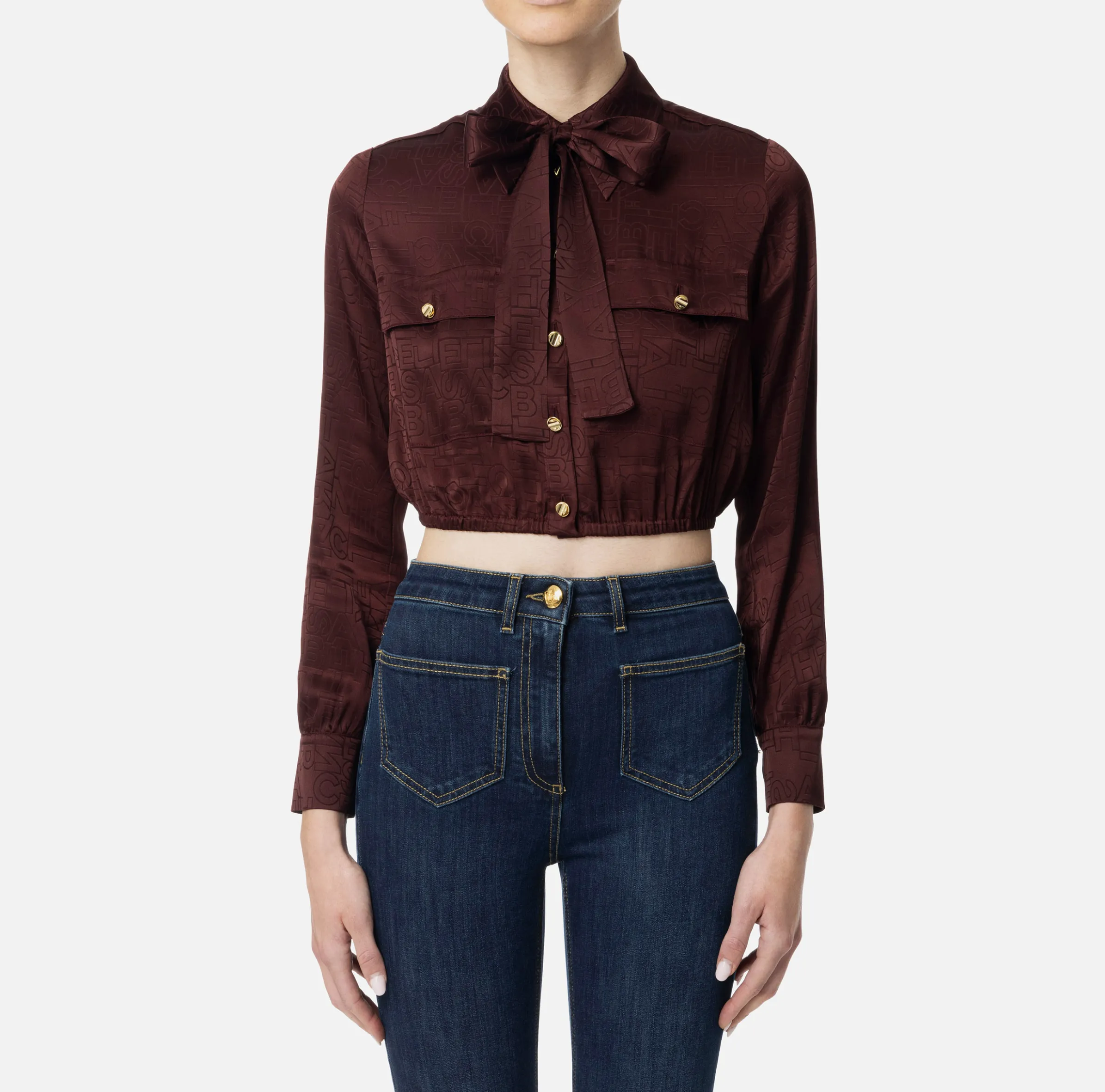 Camicia cropped in raso jacquard con foulard