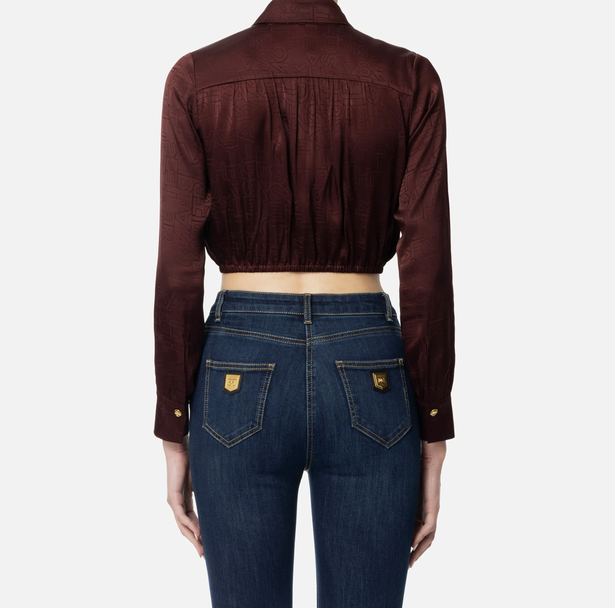 Camicia cropped in raso jacquard con foulard
