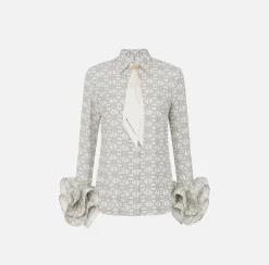Camicia in georgette stampata con ruches e foulard