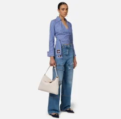 Camicia in popeline rigato con fusciacca ricamata