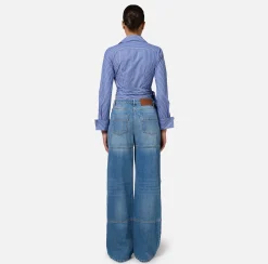 Camicia in popeline rigato con fusciacca ricamata