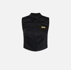 Camicia smanicata in popeline con elastici logati