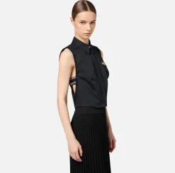 Camicia smanicata in popeline con elastici logati