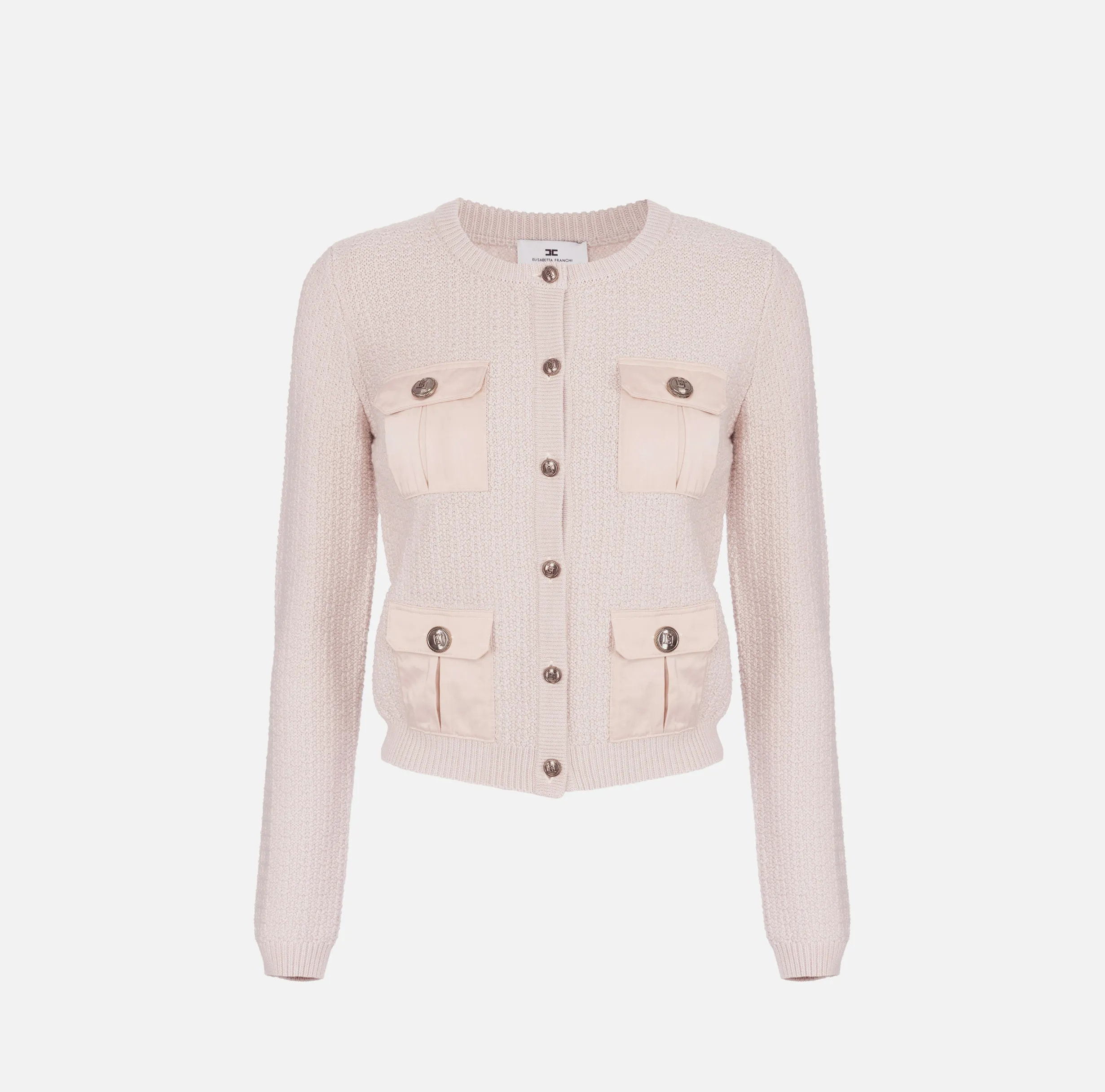 Cardigan in lana bouclé con tasche in vela tecnica