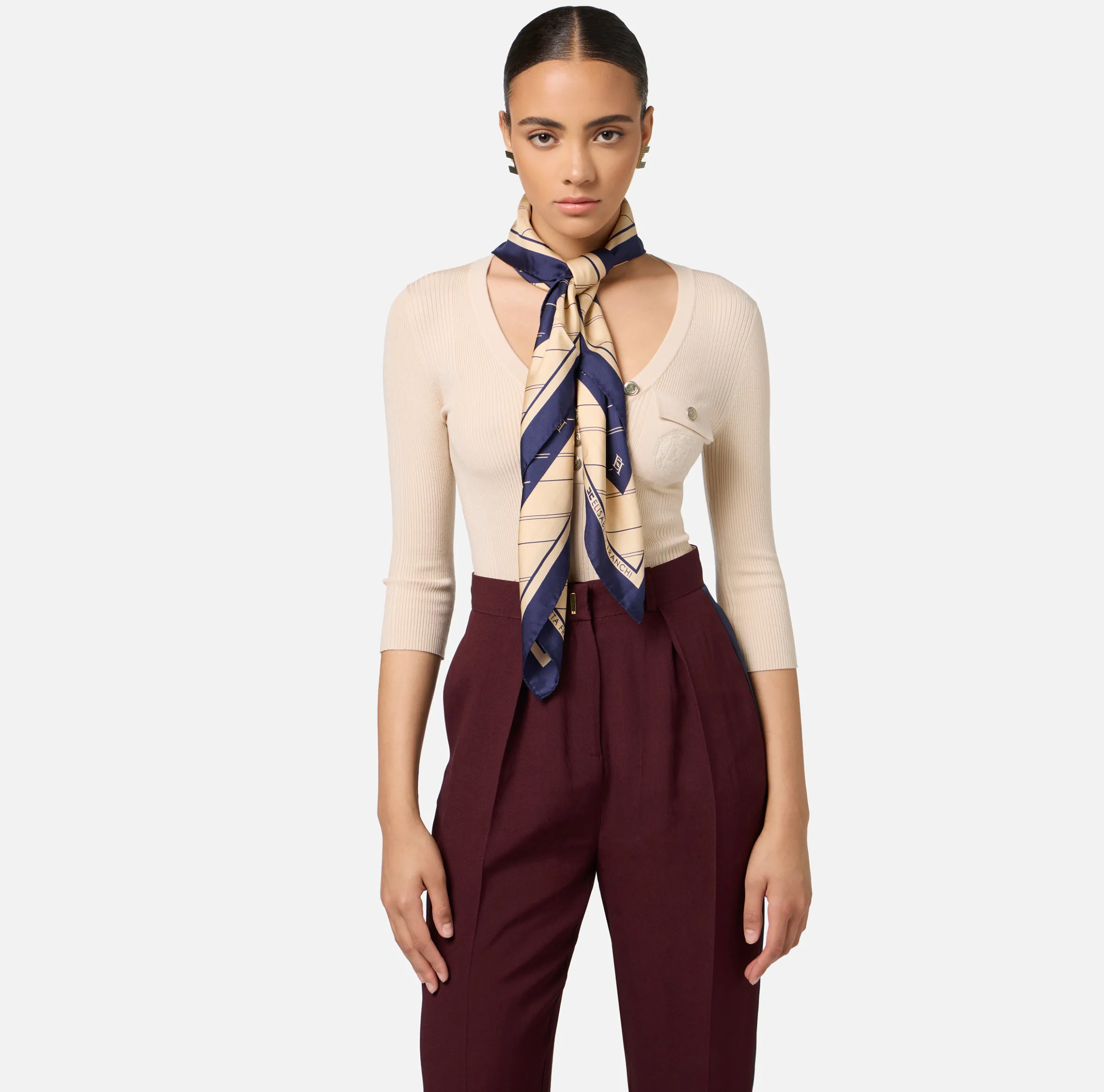 Foulard in seta con pattern righe diagonali e logo