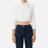 Giacca cropped in crêpe con revers in raso