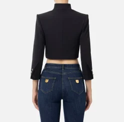 Giacca cropped in crêpe con revers in raso