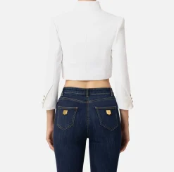 Giacca cropped in crêpe con revers in raso