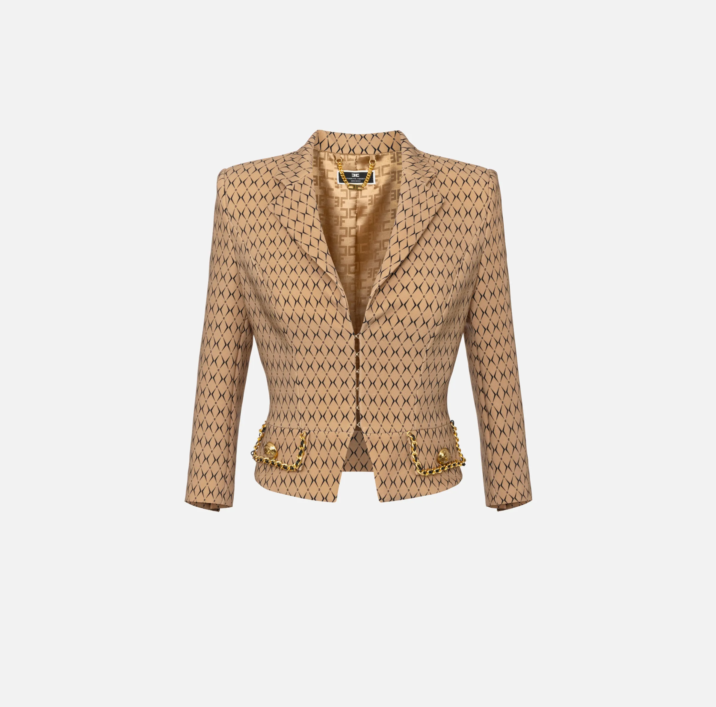 Giacca cropped in crêpe stretch stampa rombo con catena