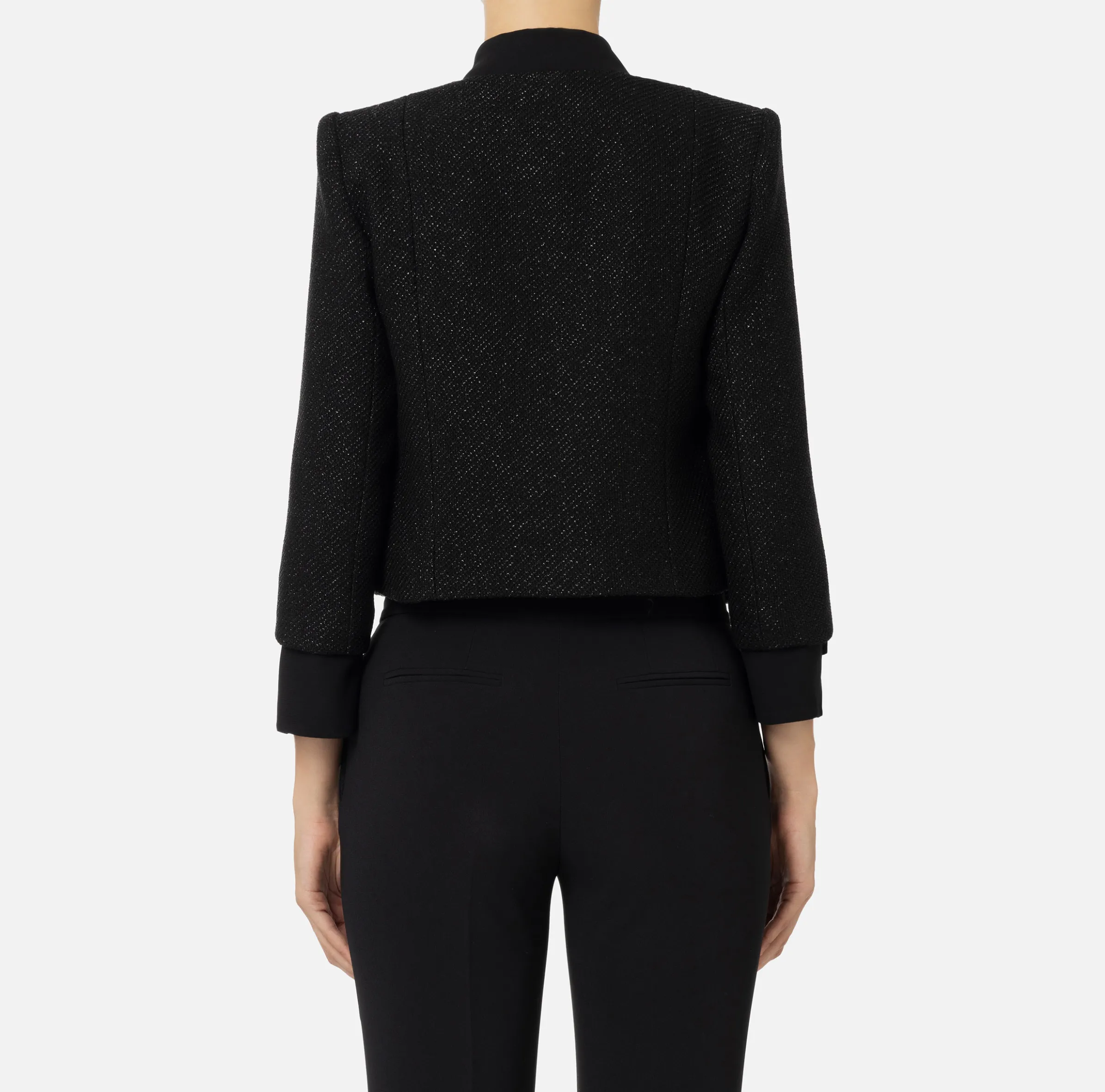 Giacca cropped in tweed laminato con tasche