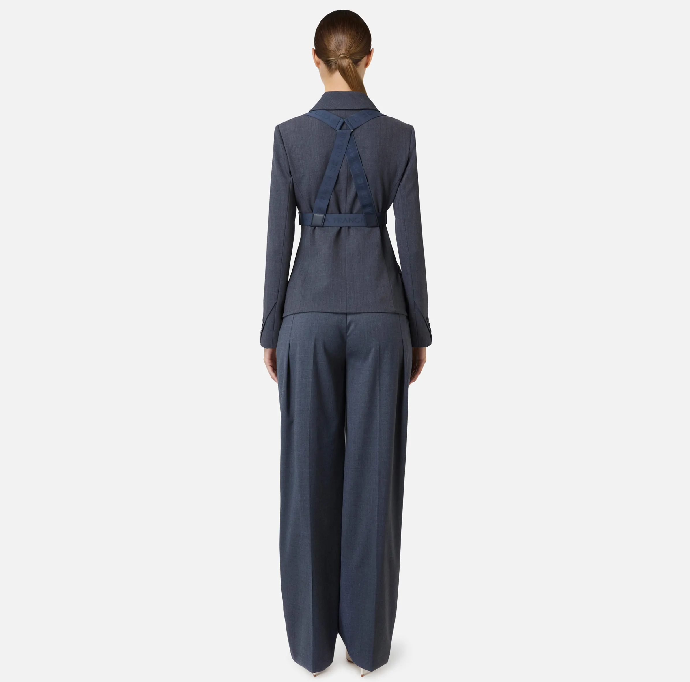 Giacca doppiopetto in fresco lana mélange con harness elastico