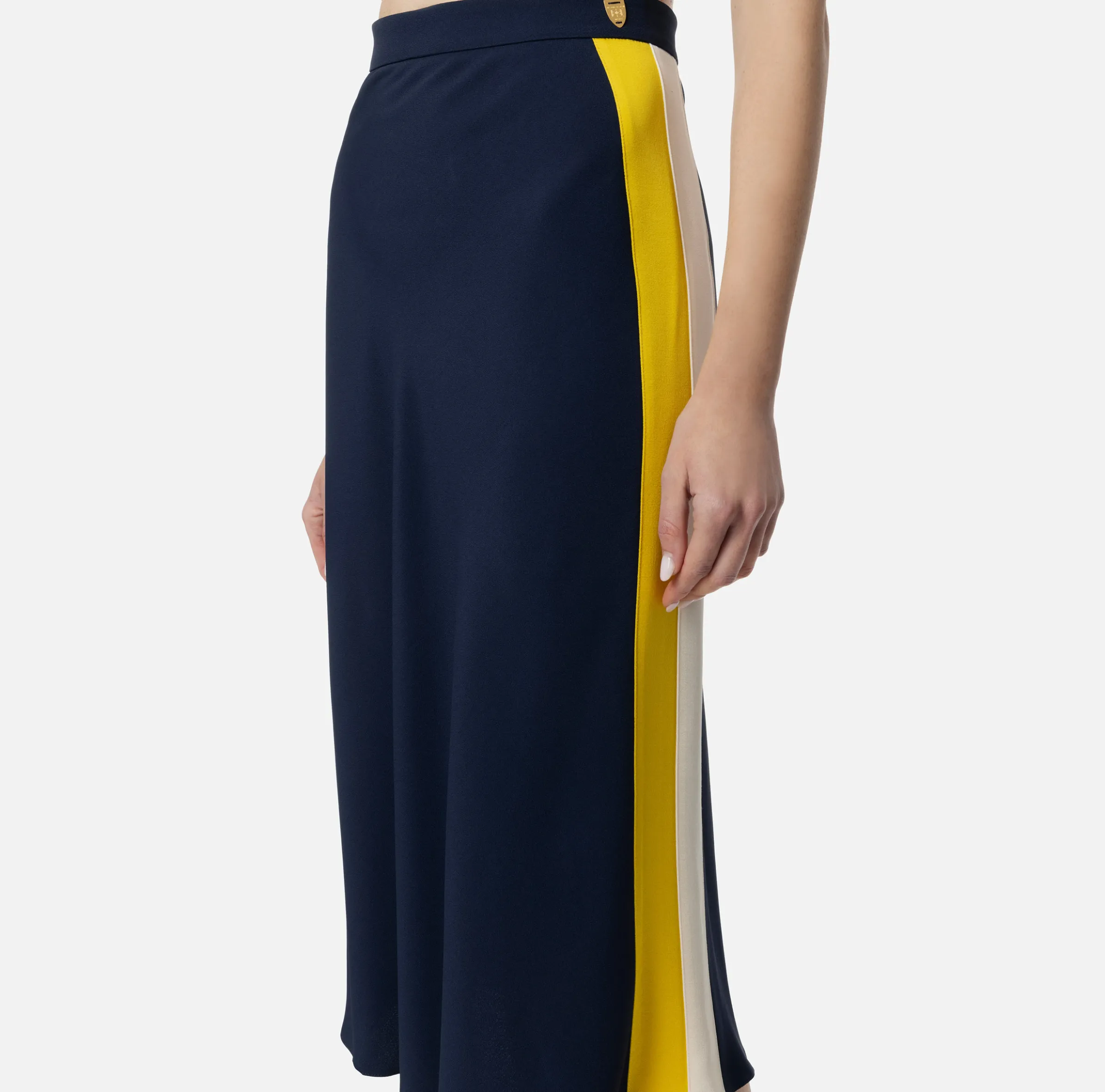 Gonna midi in crêpe satin con bande