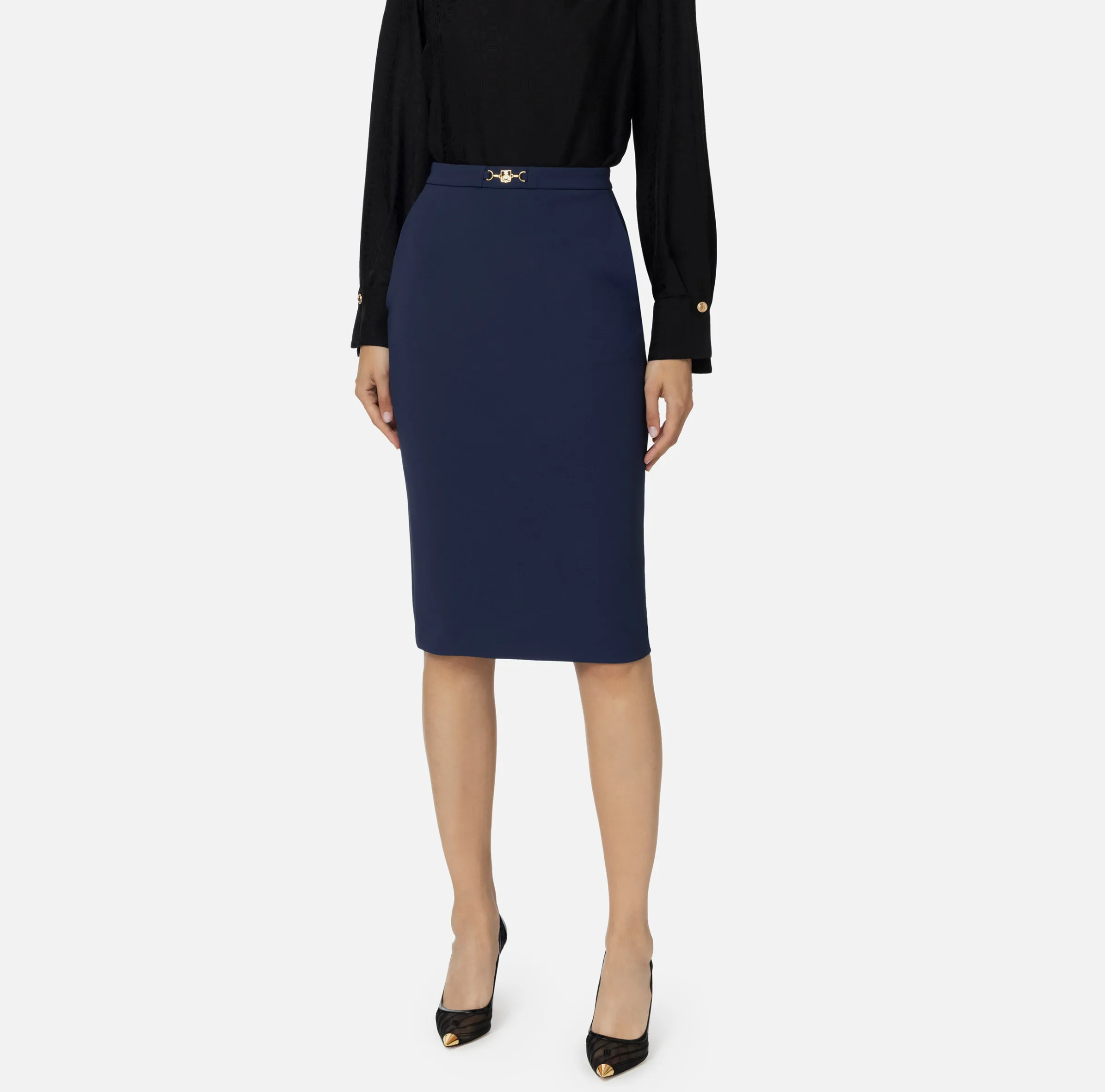 Gonna midi in crêpe stretch con morsetto