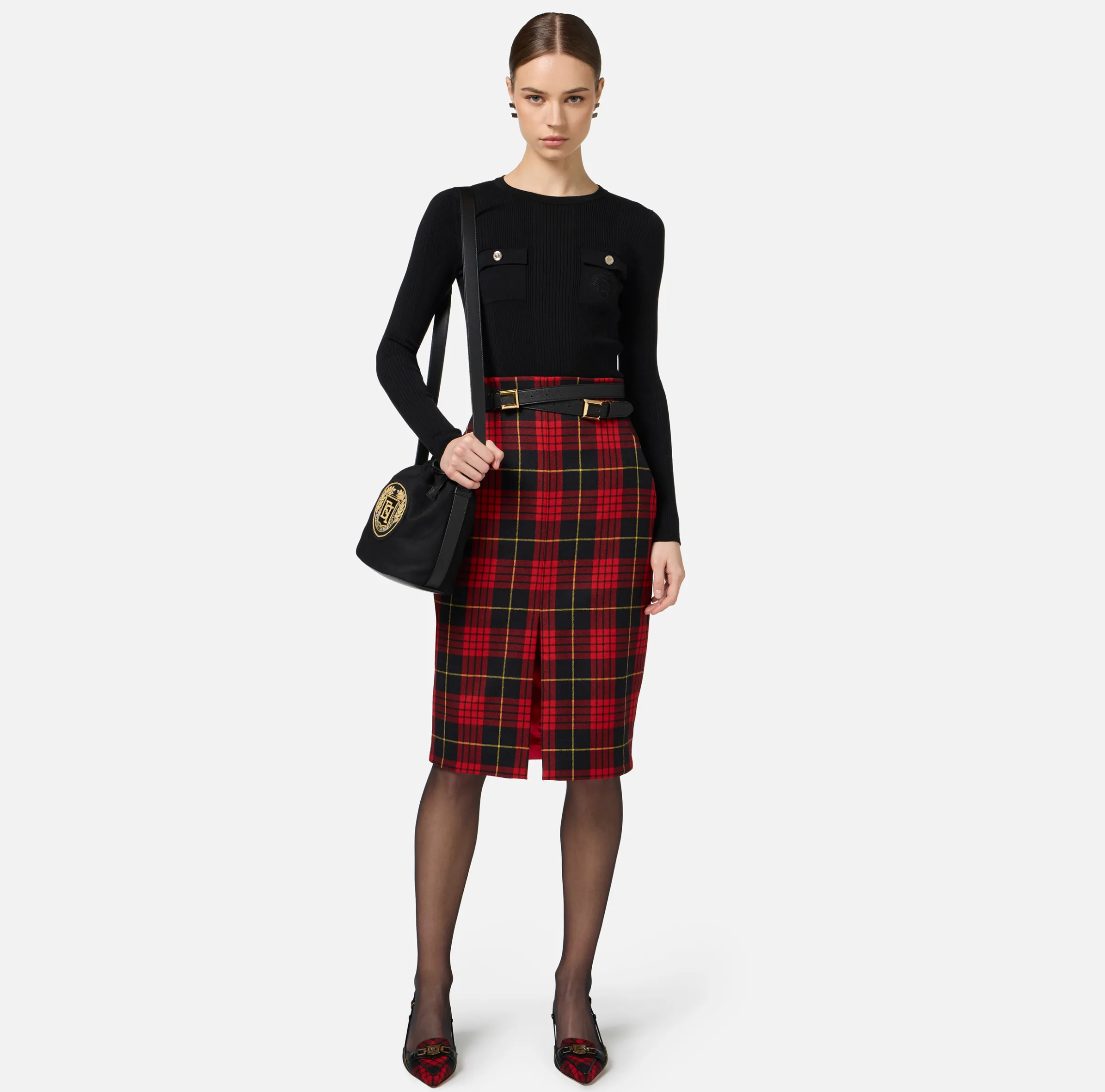 Gonna midi in lana tartan con cintura