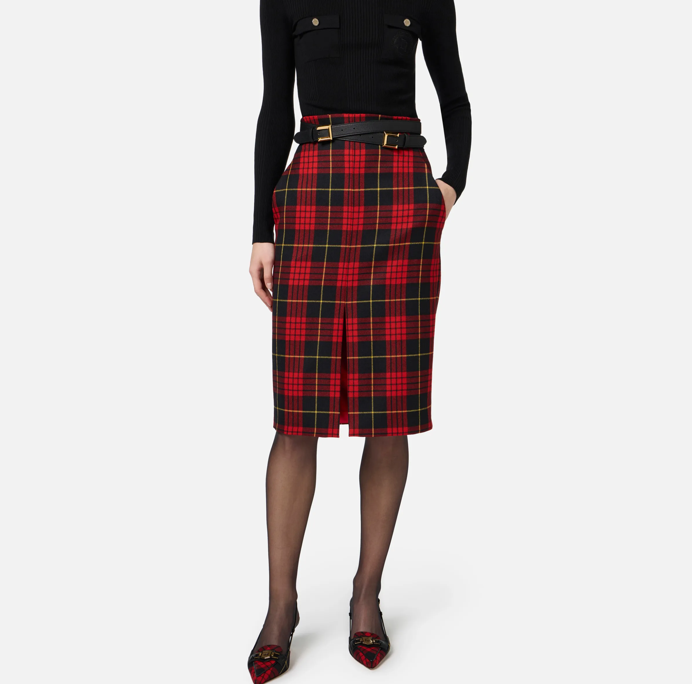 Gonna midi in lana tartan con cintura