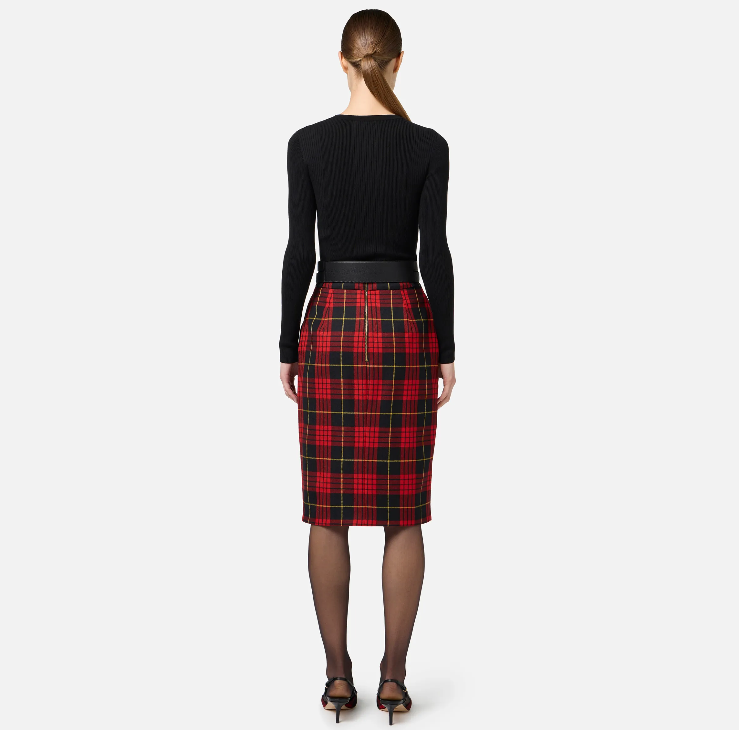Gonna midi in lana tartan con cintura