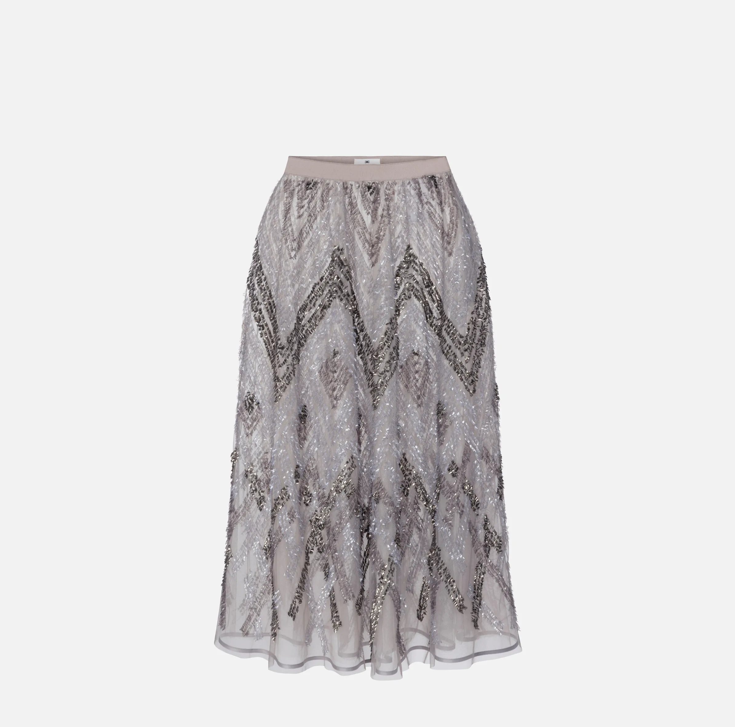 Gonna midi in tulle con ricamo paillettes chevron