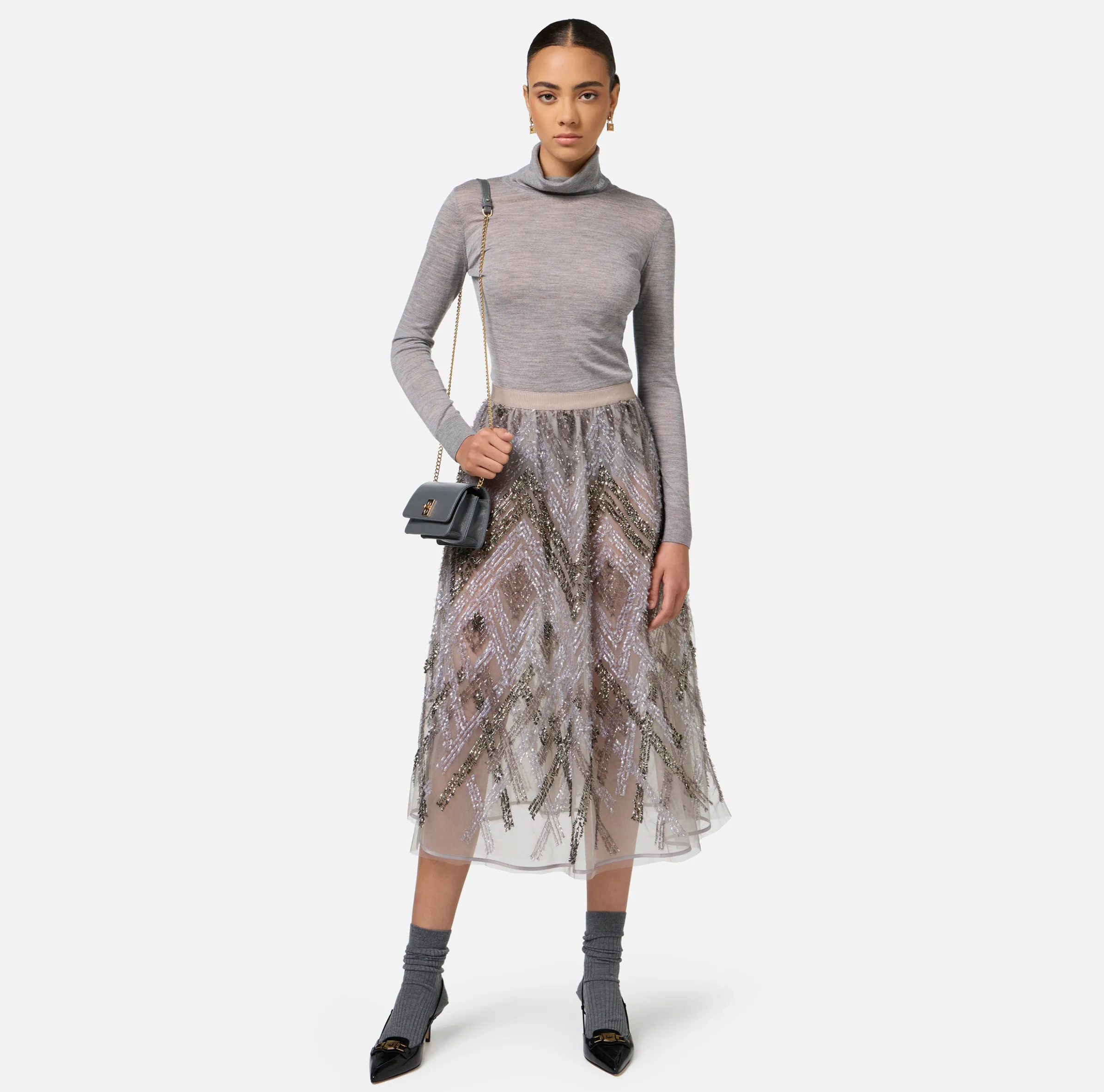 Gonna midi in tulle con ricamo paillettes chevron