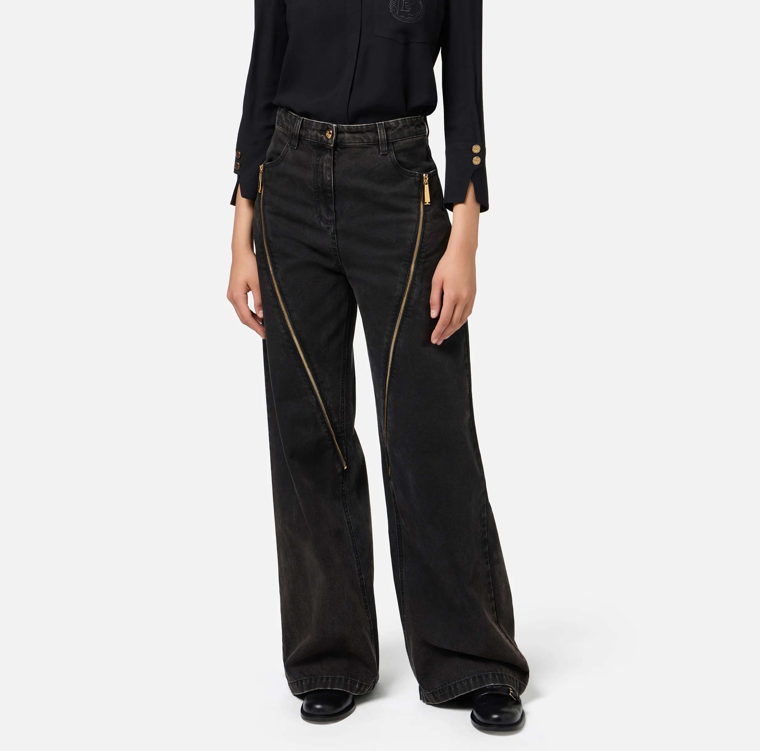 Jeans a gamba larga in cotone con zip