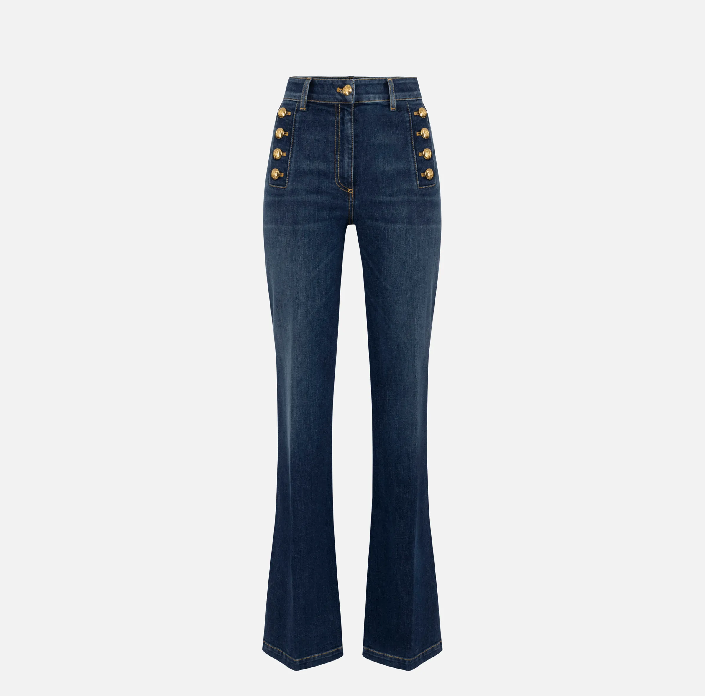 Jeans a zampa in cotone stretch con bottoniera laterale