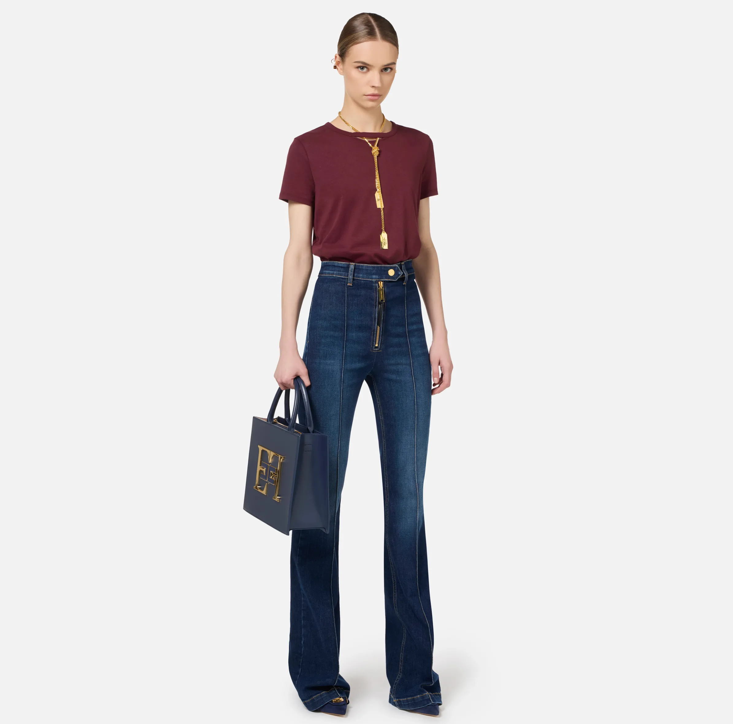Jeans a zampa in cotone stretch con nervature