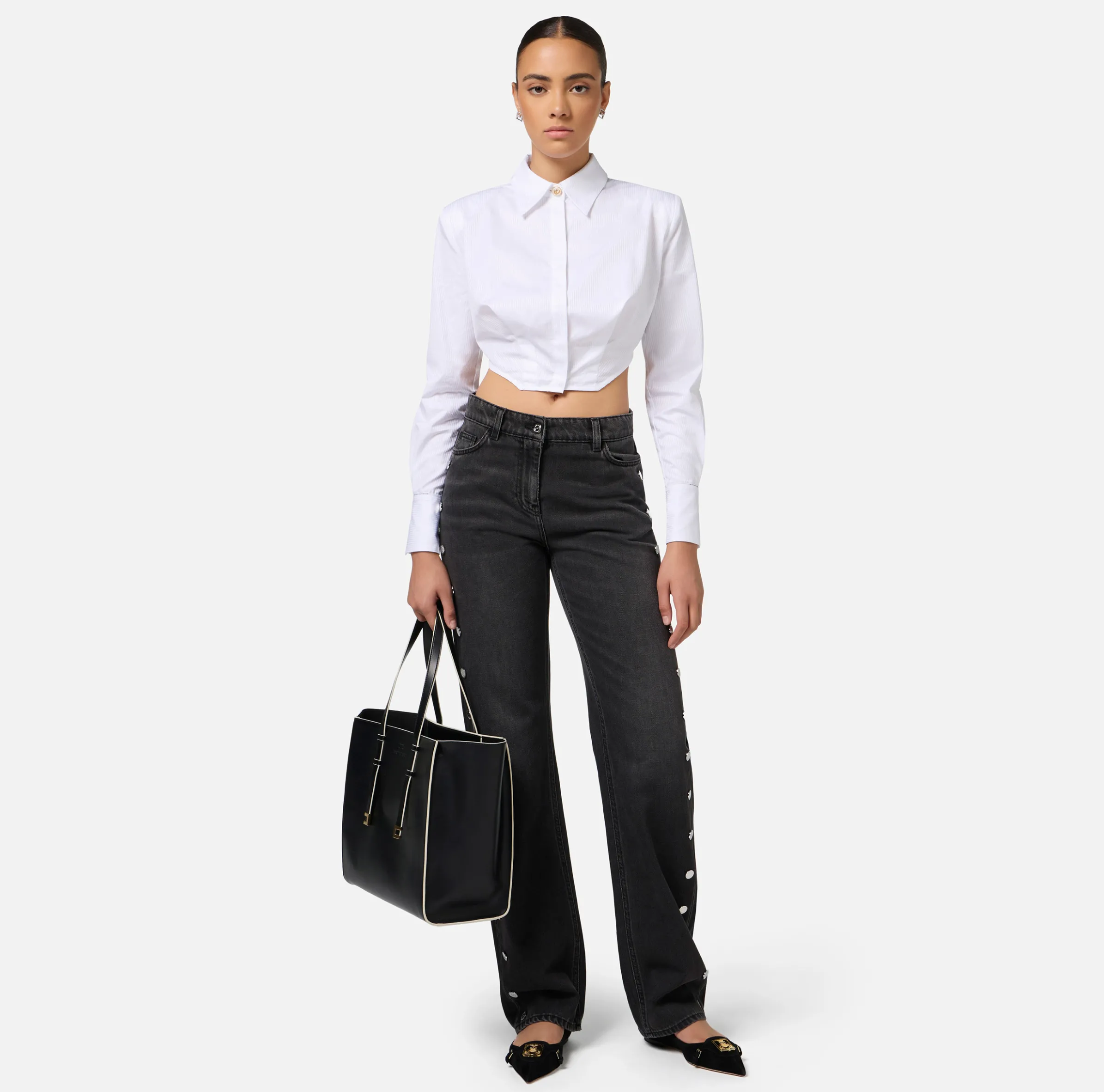 Jeans dritto in cotone con bottoni sui fianchi