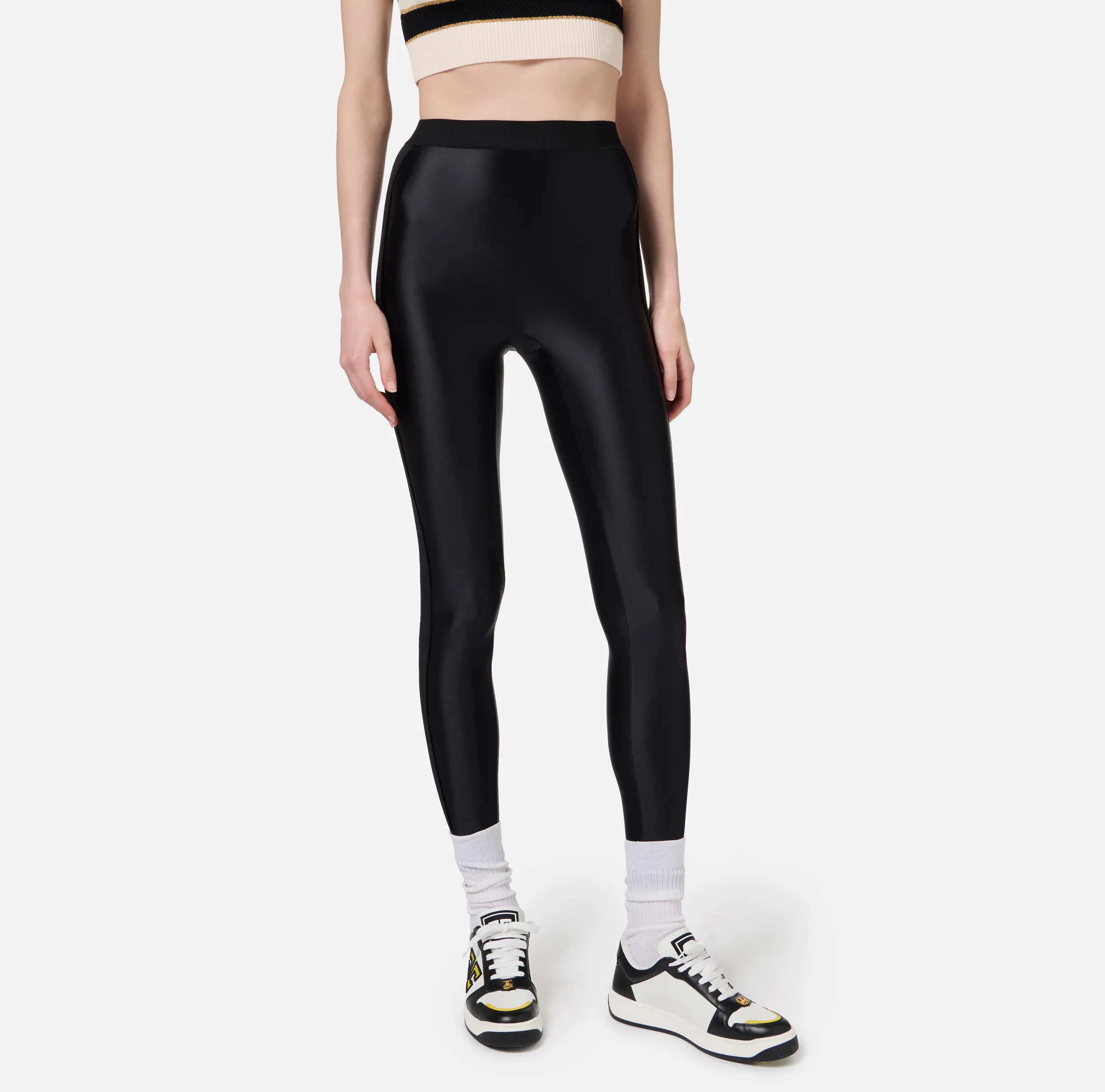 Leggings in lycra lucida con elastico logato