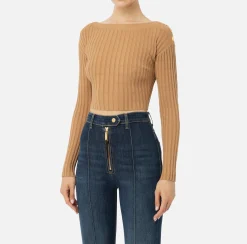 Maglia cropped in viscosa a coste con bottoniera